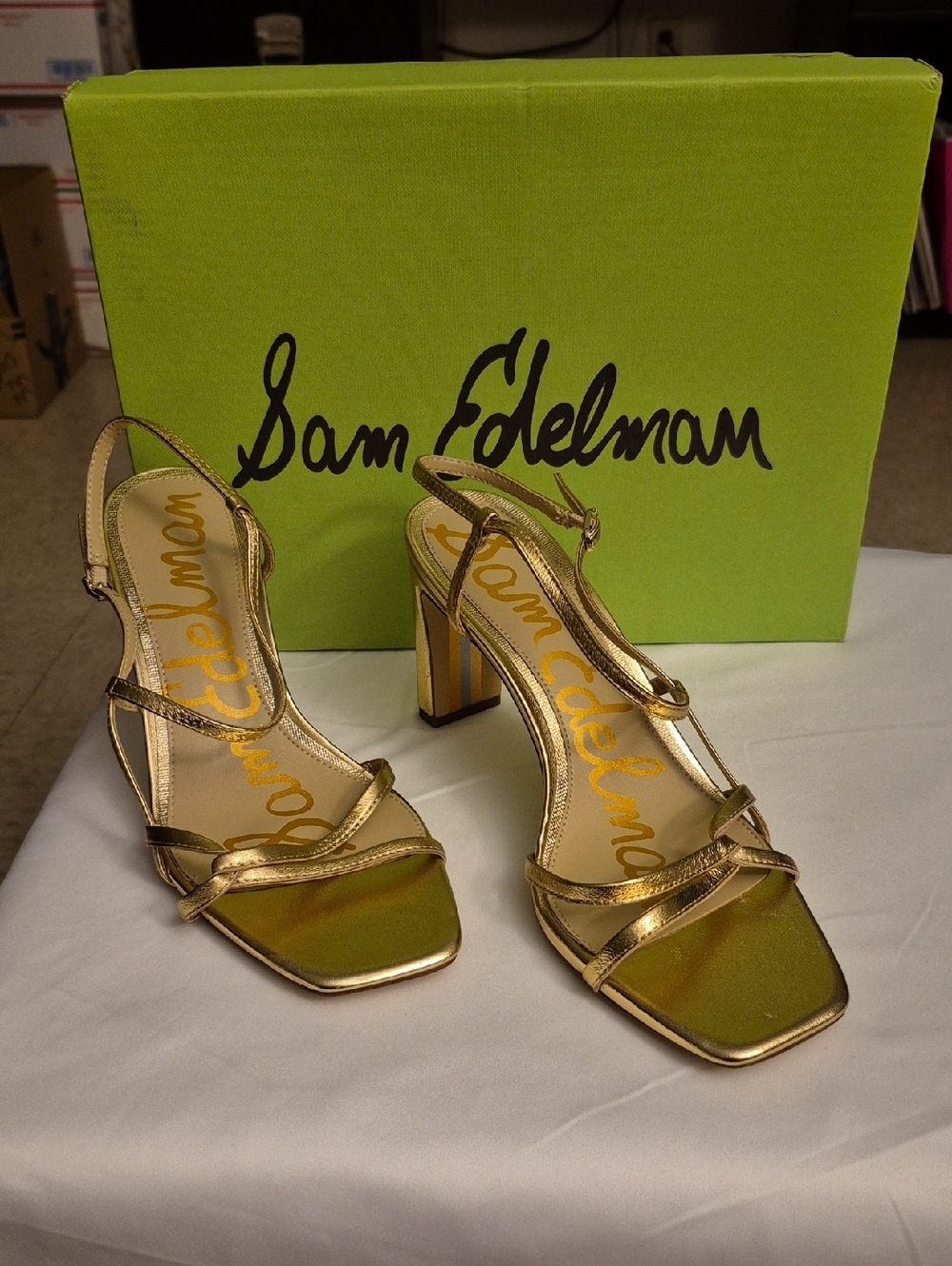Sam Edelman Gold Metallic Strappy Block Heels